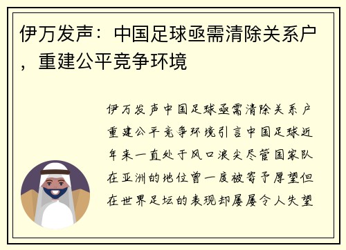 伊万发声：中国足球亟需清除关系户，重建公平竞争环境