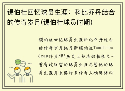锡伯杜回忆球员生涯：科比乔丹结合的传奇岁月(锡伯杜球员时期)