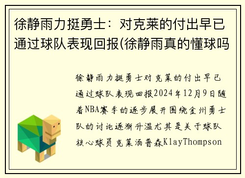 徐静雨力挺勇士：对克莱的付出早已通过球队表现回报(徐静雨真的懂球吗)