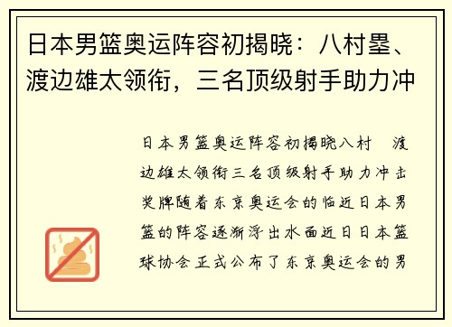 日本男篮奥运阵容初揭晓：八村塁、渡边雄太领衔，三名顶级射手助力冲击奖牌