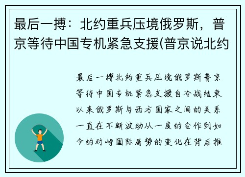 最后一搏：北约重兵压境俄罗斯，普京等待中国专机紧急支援(普京说北约已经没有存在的必要了)