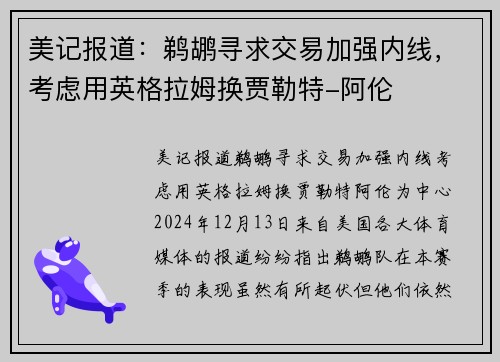 美记报道：鹈鹕寻求交易加强内线，考虑用英格拉姆换贾勒特-阿伦