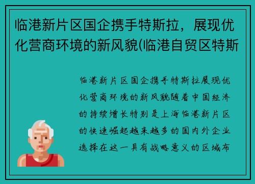 临港新片区国企携手特斯拉，展现优化营商环境的新风貌(临港自贸区特斯拉工厂)
