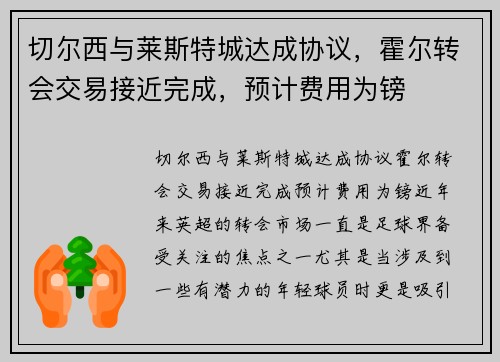 切尔西与莱斯特城达成协议，霍尔转会交易接近完成，预计费用为镑