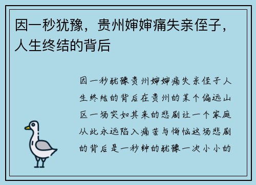 因一秒犹豫，贵州婶婶痛失亲侄子，人生终结的背后