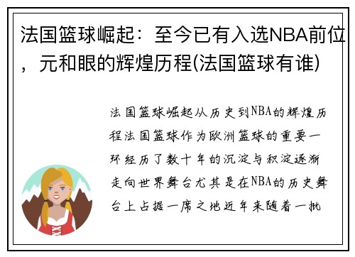 法国篮球崛起：至今已有入选NBA前位，元和眼的辉煌历程(法国篮球有谁)