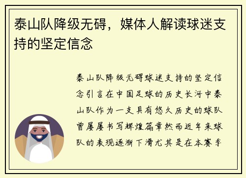 泰山队降级无碍，媒体人解读球迷支持的坚定信念