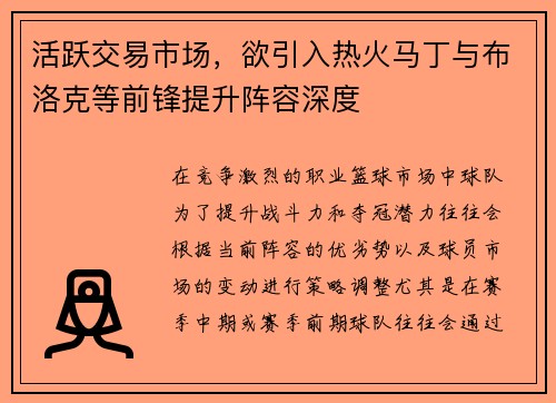 活跃交易市场，欲引入热火马丁与布洛克等前锋提升阵容深度