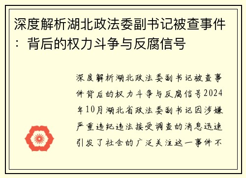 深度解析湖北政法委副书记被查事件：背后的权力斗争与反腐信号