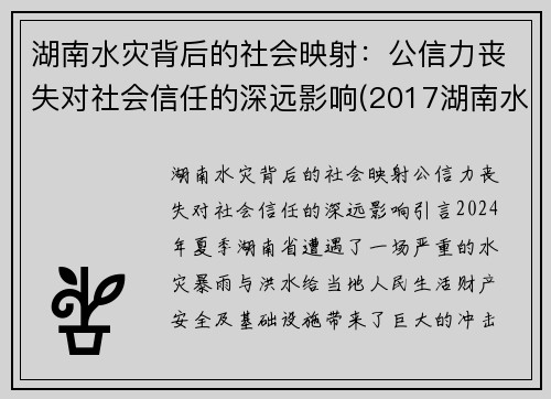 湖南水灾背后的社会映射：公信力丧失对社会信任的深远影响(2017湖南水灾)