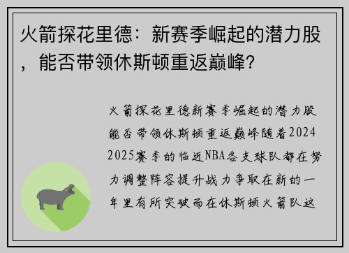 火箭探花里德：新赛季崛起的潜力股，能否带领休斯顿重返巅峰？
