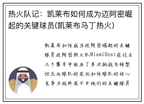热火队记：凯莱布如何成为迈阿密崛起的关键球员(凯莱布马丁热火)