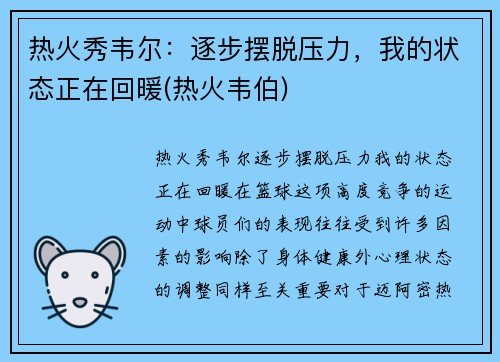 热火秀韦尔：逐步摆脱压力，我的状态正在回暖(热火韦伯)