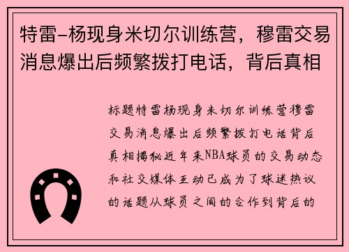 特雷-杨现身米切尔训练营，穆雷交易消息爆出后频繁拨打电话，背后真相揭秘