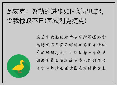 瓦茨克：聚勒的进步如同新星崛起，令我惊叹不已(瓦茨利克捷克)