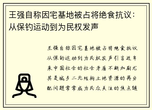 王强自称因宅基地被占将绝食抗议：从保钓运动到为民权发声