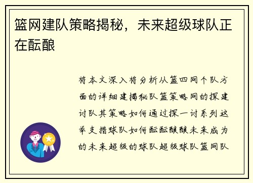 篮网建队策略揭秘，未来超级球队正在酝酿