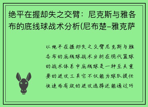 绝平在握却失之交臂：尼克斯与雅各布的底线球战术分析(尼布楚-雅克萨之战)