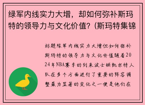 绿军内线实力大增，却如何弥补斯玛特的领导力与文化价值？(斯玛特集锦)