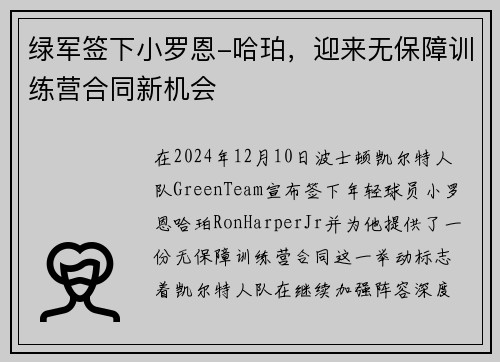 绿军签下小罗恩-哈珀，迎来无保障训练营合同新机会