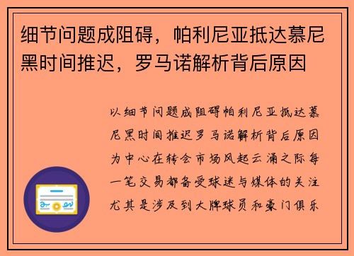 细节问题成阻碍，帕利尼亚抵达慕尼黑时间推迟，罗马诺解析背后原因