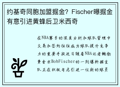 约基奇同胞加盟掘金？Fischer曝掘金有意引进黄蜂后卫米西奇