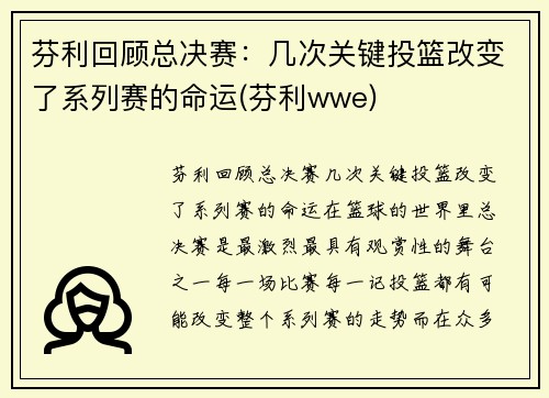 芬利回顾总决赛：几次关键投篮改变了系列赛的命运(芬利wwe)