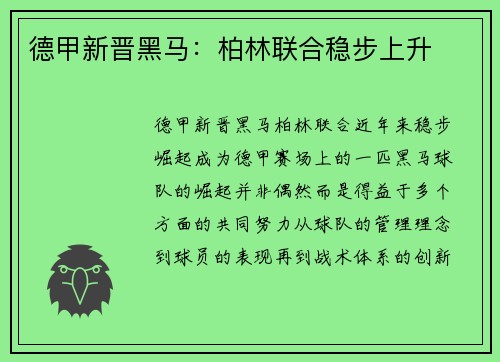 德甲新晋黑马：柏林联合稳步上升
