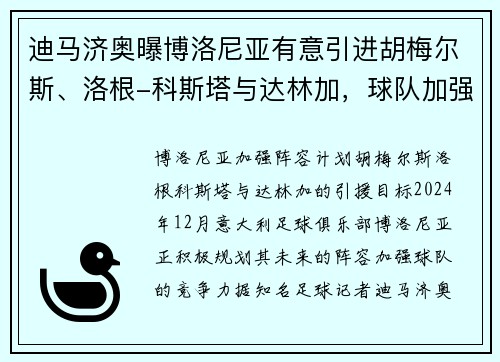 迪马济奥曝博洛尼亚有意引进胡梅尔斯、洛根-科斯塔与达林加，球队加强阵容计划曝光