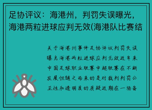 足协评议：海港州，判罚失误曝光，海港两粒进球应判无效(海港队比赛结果)